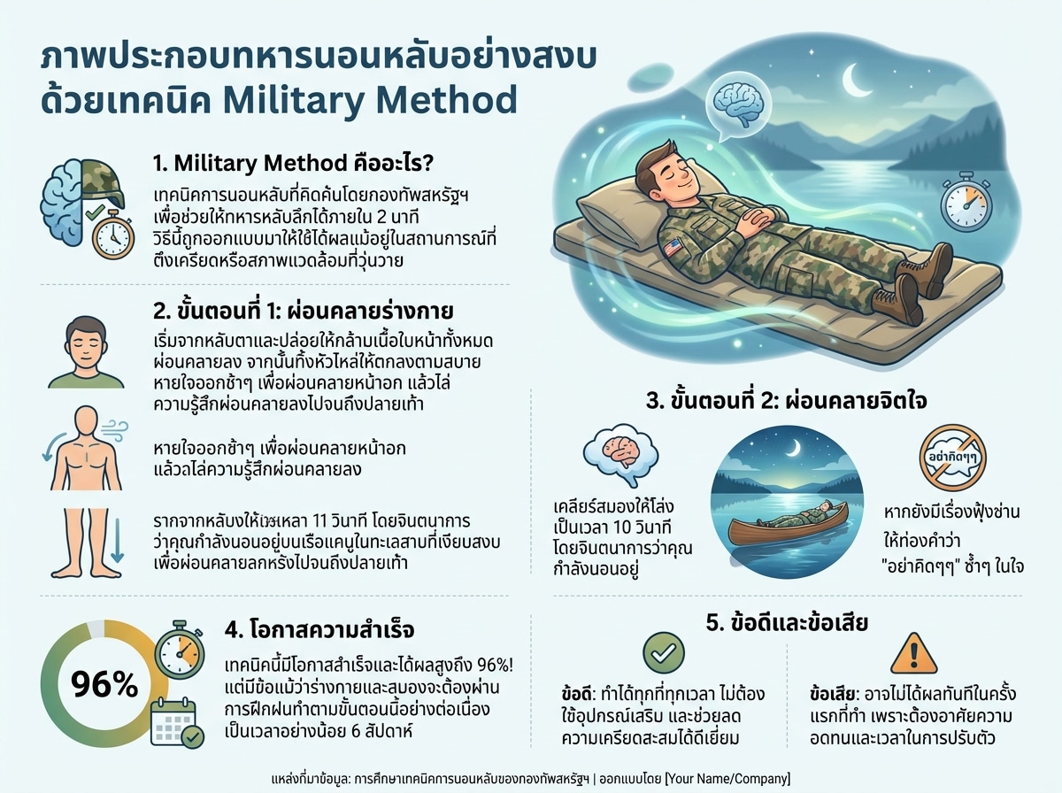 ภาพประกอบทหารนอนหลับอย่างสงบด้วยเทคนิค Military Method