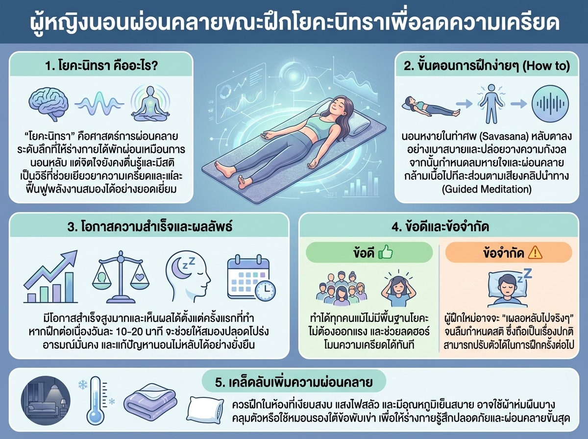 ผู้หญิงนอนผ่อนคลายขณะฝึกโยคะนิทราเพื่อลดความเครียด