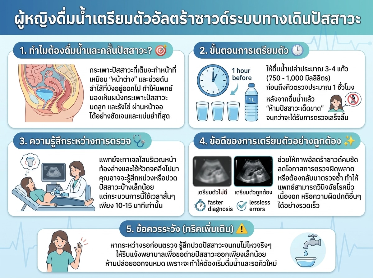 ผู้หญิงดื่มน้ำเตรียมตัวอัลตร้าซาวด์ระบบทางเดินปัสสาวะ