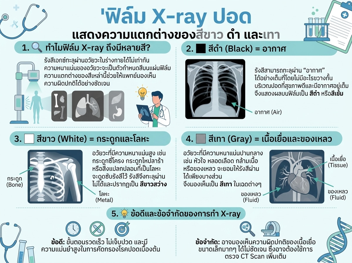 ฟิล์ม X-ray ปอด แสดงความแตกต่างของสีขาว ดำ และเทา
