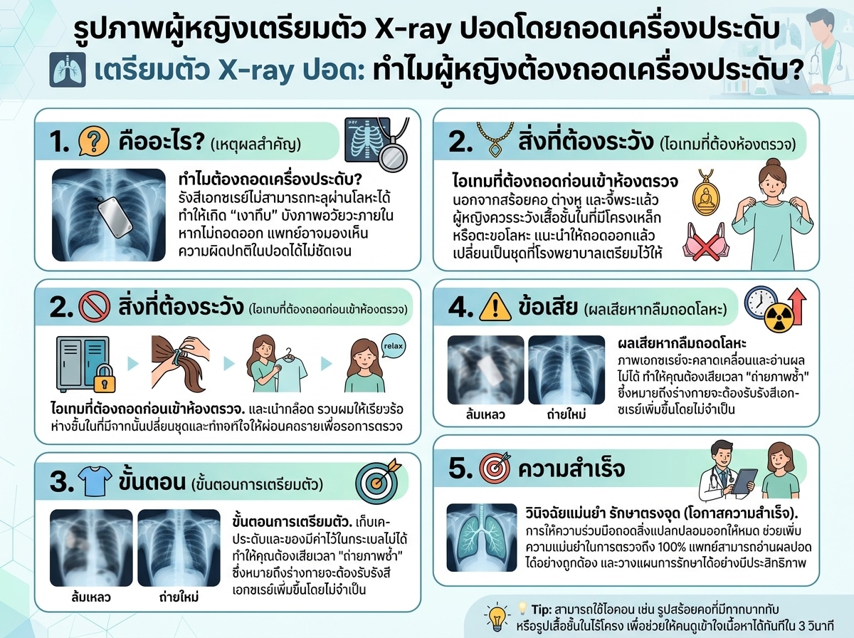 รูปภาพผู้หญิงเตรียมตัว X-ray ปอดโดยถอดเครื่องประดับ