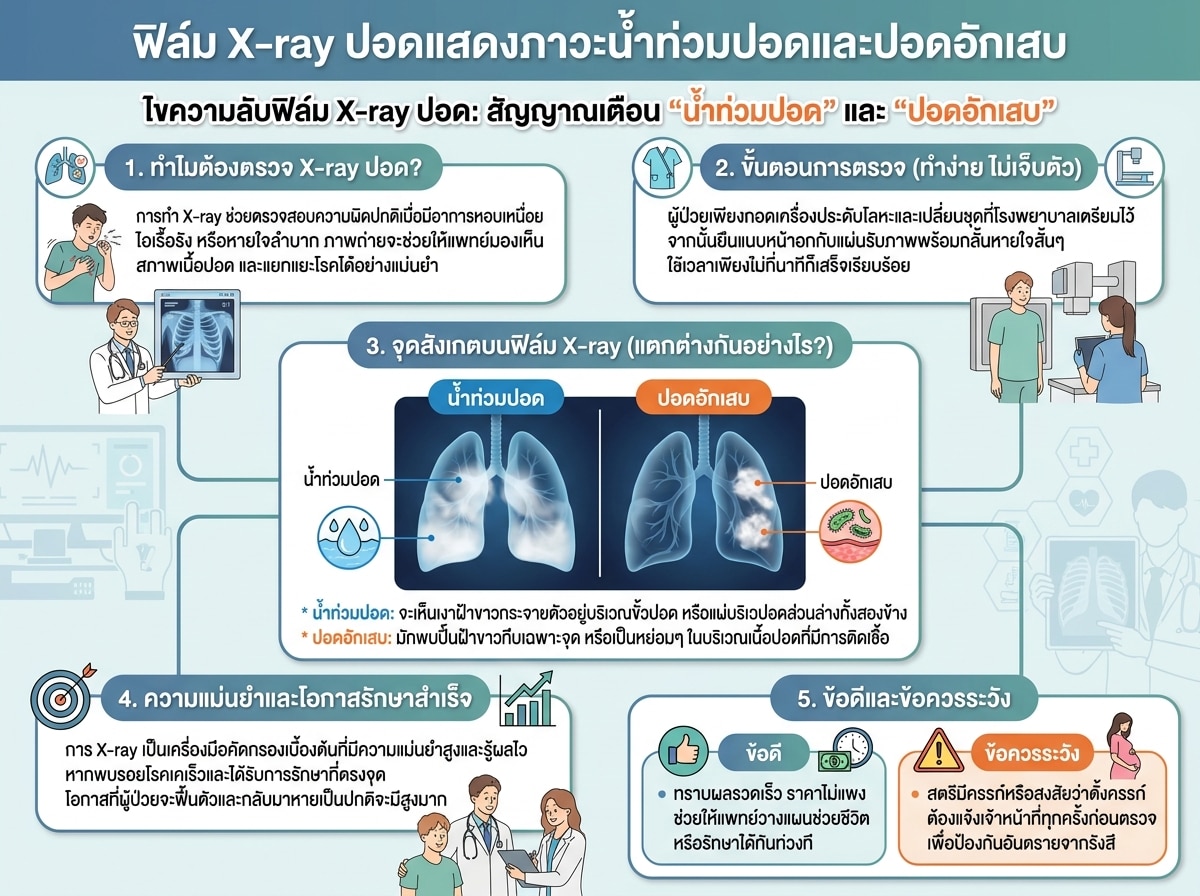 ฟิล์ม X-ray ปอดแสดงภาวะน้ำท่วมปอดและปอดอักเสบ