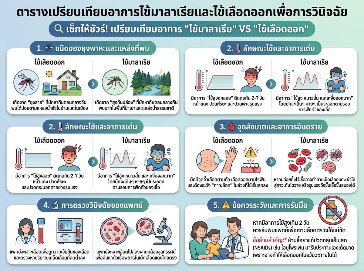 ตารางเปรียบเทียบอาการไข้มาลาเรียและไข้เลือดออกเพื่อการวินิจฉัย