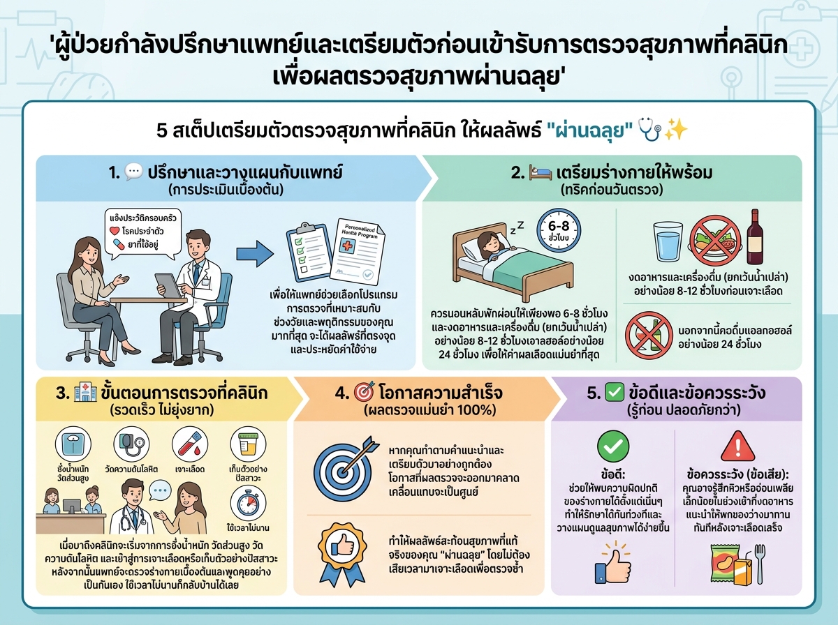 ผู้ป่วยกำลังปรึกษาแพทย์และเตรียมตัวก่อนเข้ารับการตรวจสุขภาพที่คลินิก เพื่อผลตรวจสุขภาพผ่านฉลุย