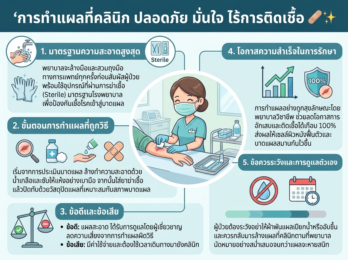 พยาบาลกำลังทำแผลให้ผู้ป่วยที่คลินิกอย่างถูกสุขลักษณะ