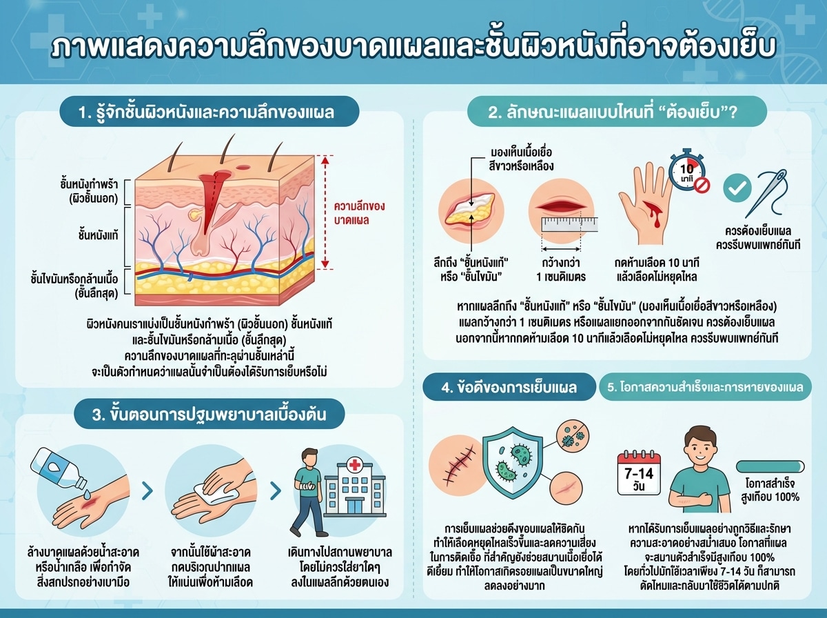 ภาพแสดงความลึกของบาดแผลและชั้นผิวหนังที่อาจต้องเย็บ