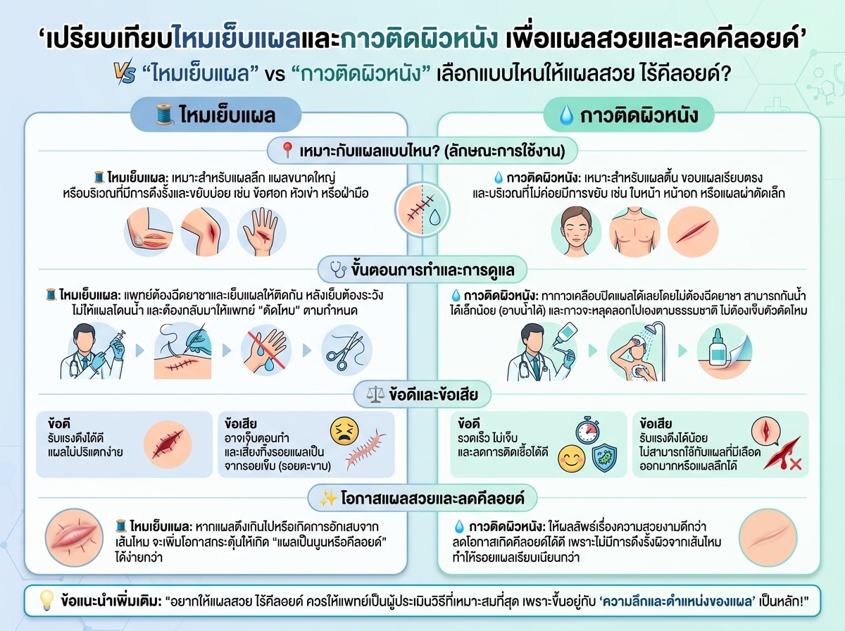 เปรียบเทียบไหมเย็บแผลและกาวติดผิวหนัง เพื่อแผลสวยและลดคีลอยด์