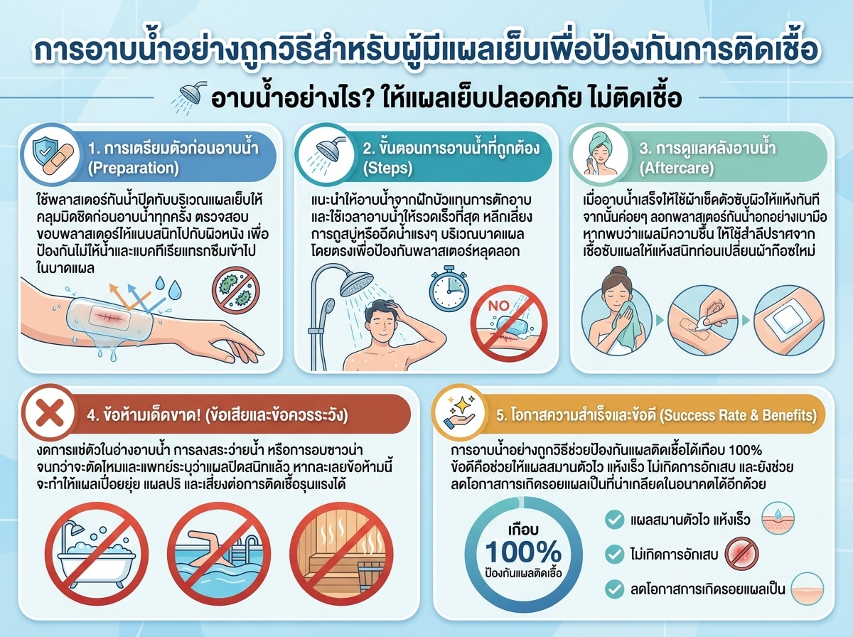 การอาบน้ำอย่างถูกวิธีสำหรับผู้มีแผลเย็บเพื่อป้องกันการติดเชื้อ