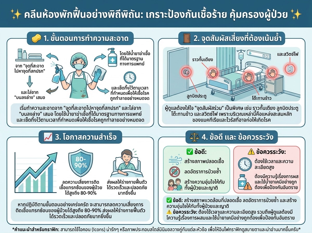 ผู้ดูแลกำลังทำความสะอาดห้องพักฟื้นอย่างพิถีพิถันเพื่อลดความเสี่ยงการติดเชื้อให้ผู้ป่วย