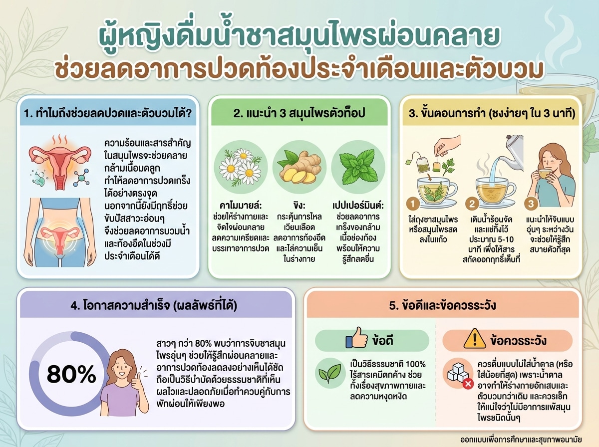 ผู้หญิงดื่มน้ำชาสมุนไพรผ่อนคลาย ช่วยลดอาการปวดท้องประจำเดือนและตัวบวม
