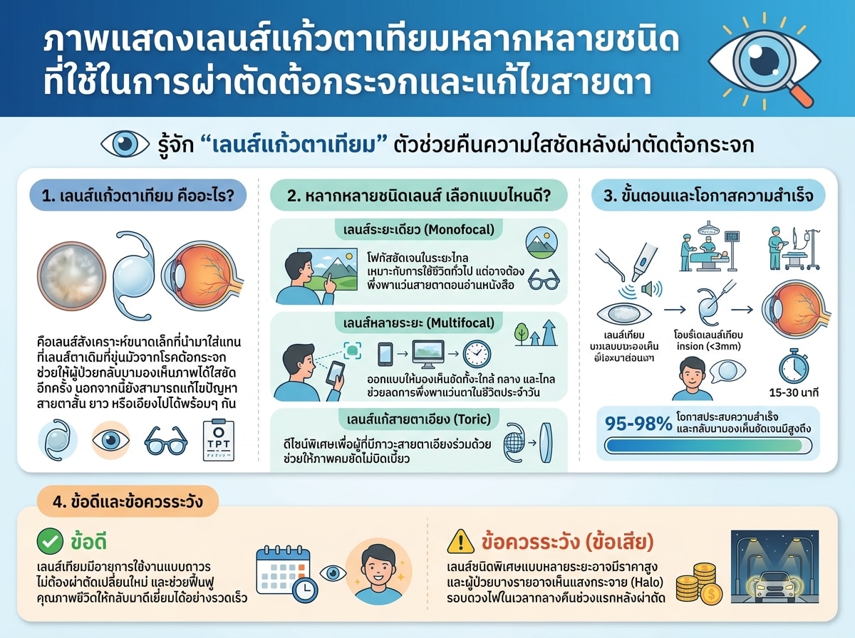 ภาพแสดงเลนส์แก้วตาเทียมหลากหลายชนิดที่ใช้ในการผ่าตัดต้อกระจกและแก้ไขสายตา
