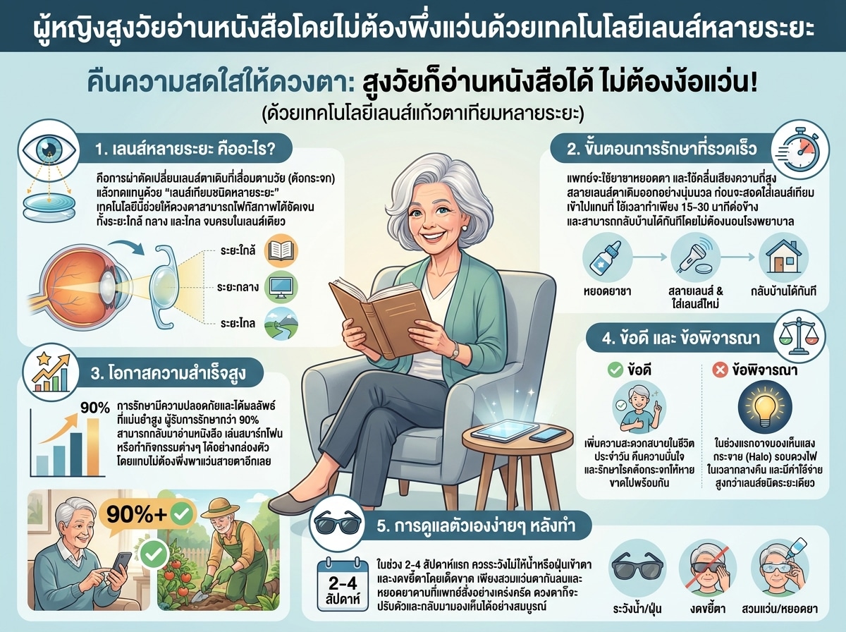ผู้หญิงสูงวัยอ่านหนังสือโดยไม่ต้องพึ่งแว่นด้วยเทคโนโลยีเลนส์หลายระยะ