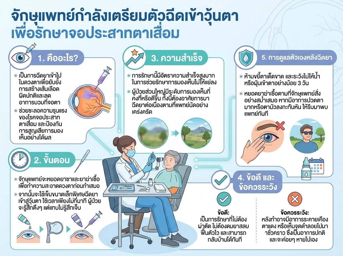 จักษุแพทย์กำลังเตรียมตัวฉีดเข้าวุ้นตาเพื่อรักษาจอประสาทตาเสื่อม