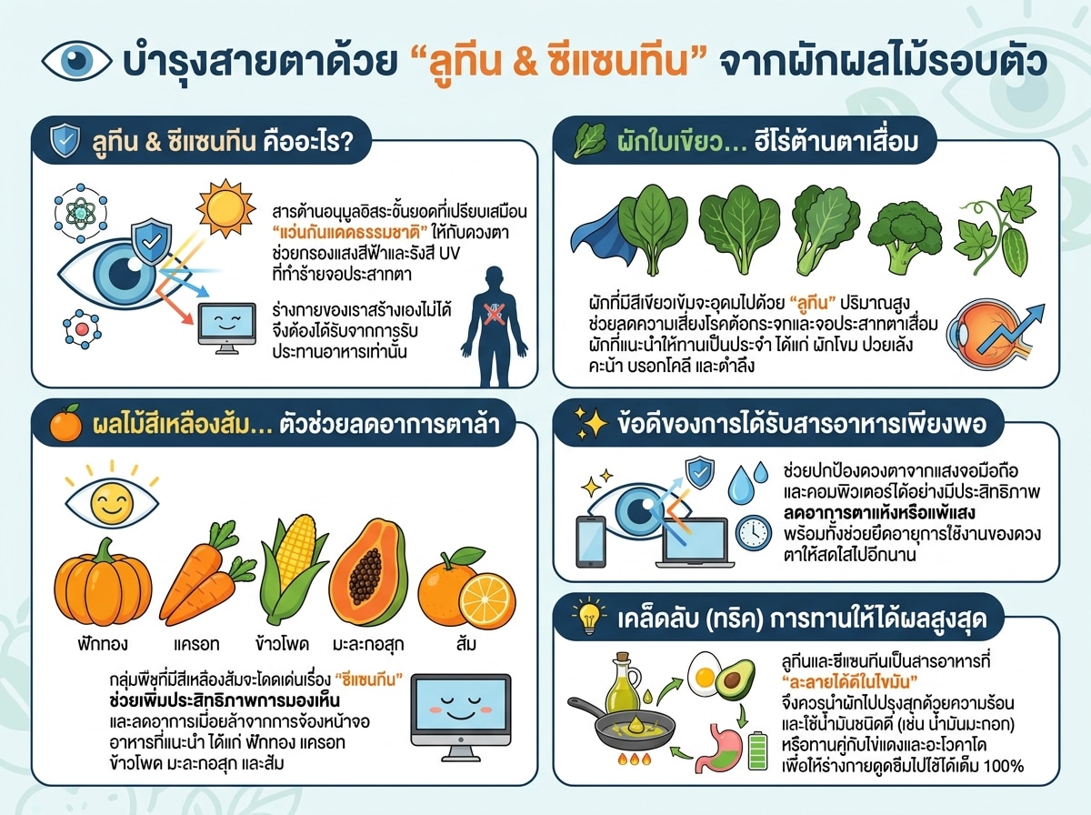 ผักใบเขียวและผลไม้สีเหลืองส้มที่อุดมด้วย Lutein และ Zeaxanthin ช่วยบำรุงสายตา