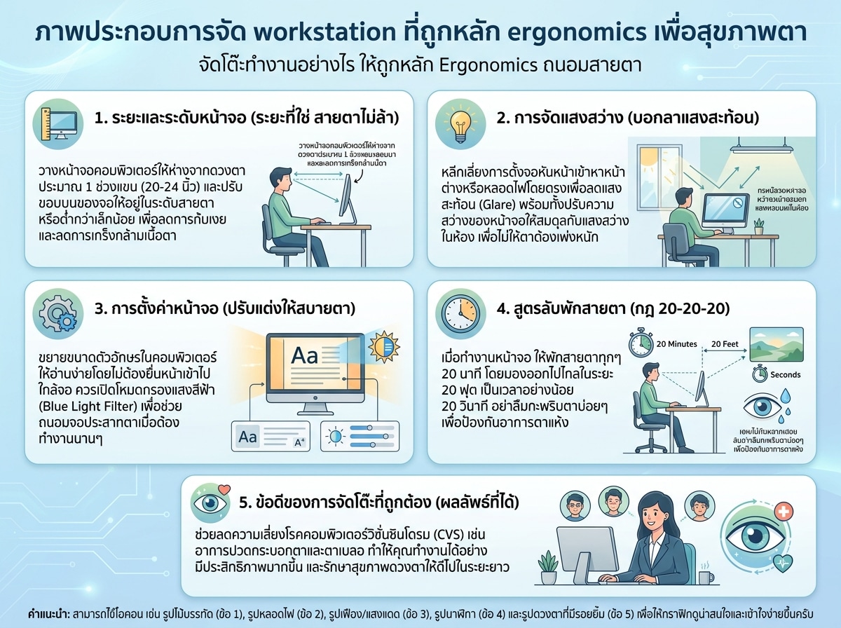ภาพประกอบการจัด workstation ที่ถูกหลัก ergonomics เพื่อสุขภาพตา