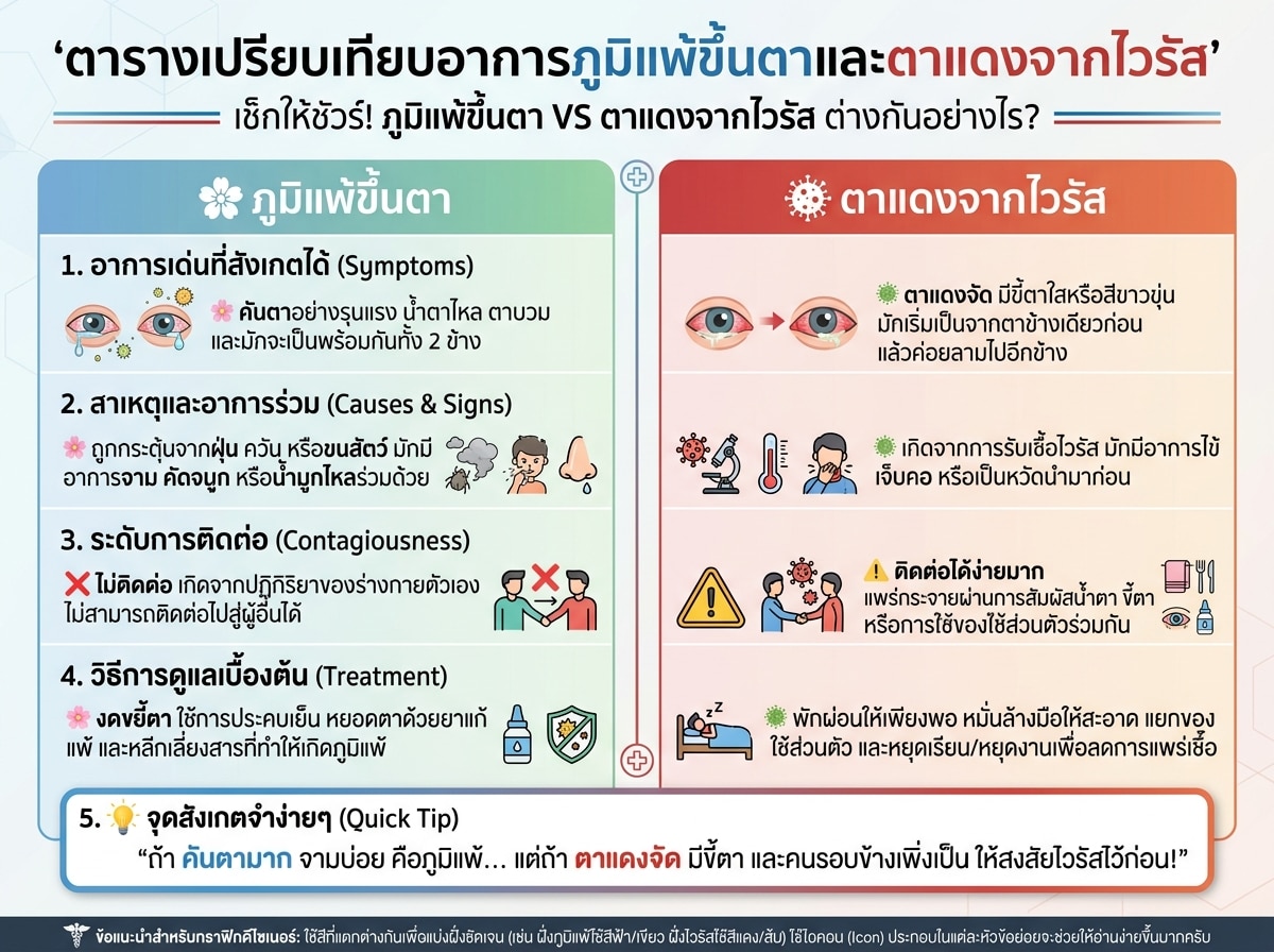 ตารางเปรียบเทียบอาการภูมิแพ้ขึ้นตาและตาแดงจากไวรัส