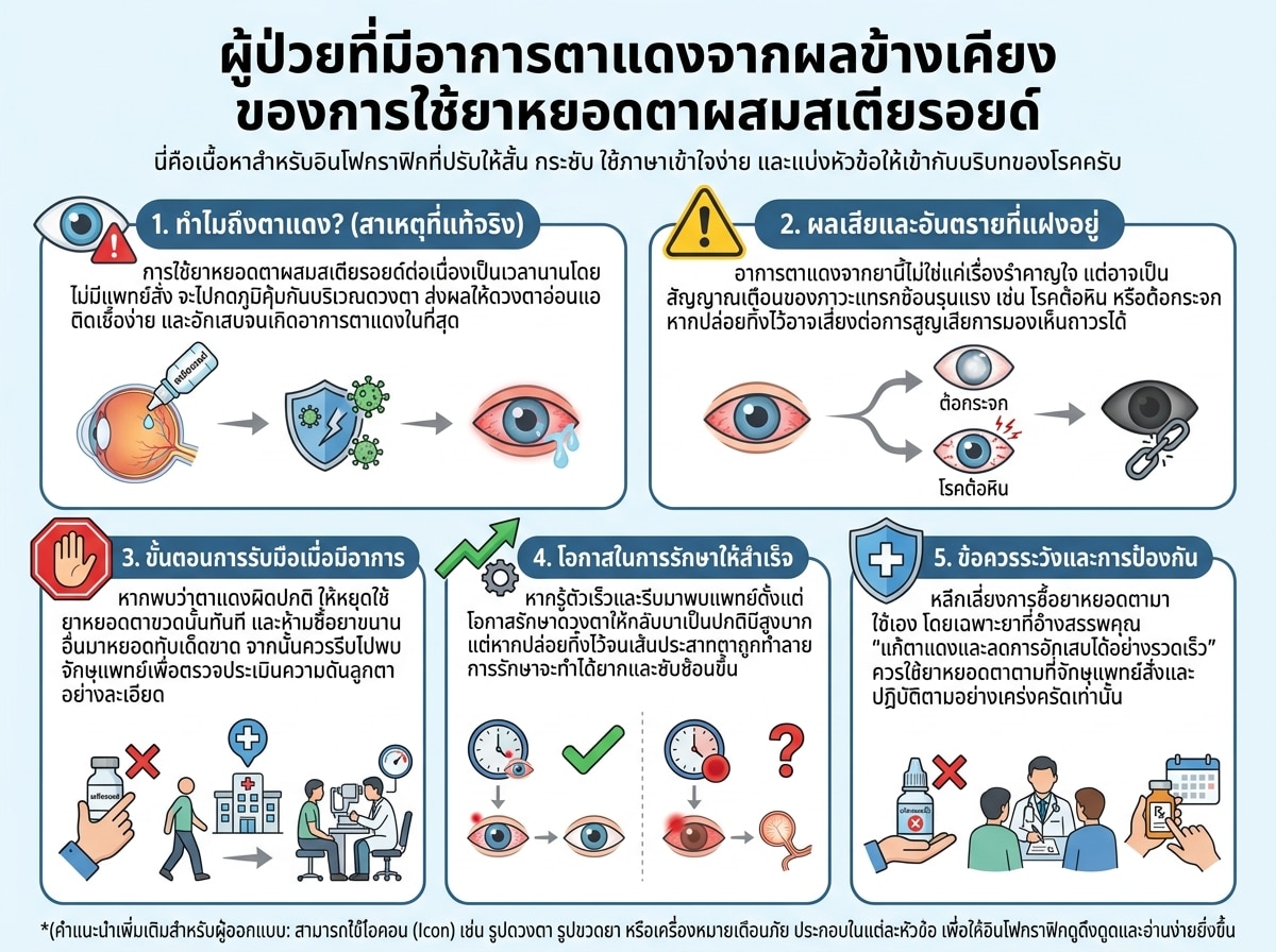 ผู้ป่วยที่มีอาการตาแดงจากผลข้างเคียงของการใช้ยาหยอดตาผสมสเตียรอยด์