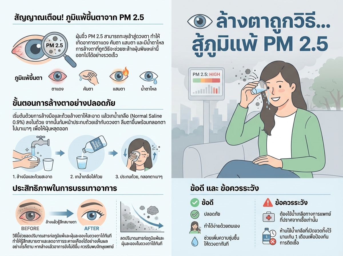 ผู้หญิงกำลังล้างตาด้วยน้ำเกลืออย่างระมัดระวังเพื่อบรรเทาอาการภูมิแพ้ขึ้นตาจาก PM 2.5