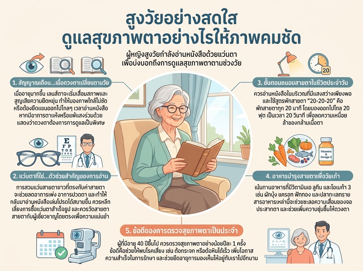 ผู้หญิงสูงวัยกำลังอ่านหนังสือด้วยแว่นตา เพื่อบ่งบอกถึงการดูแลสุขภาพตาตามช่วงวัย