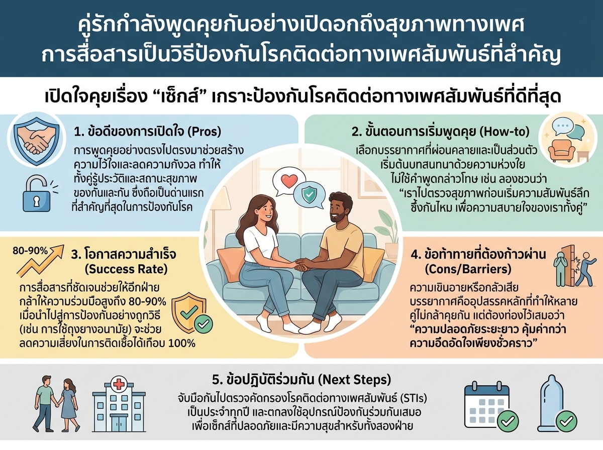 คู่รักกำลังพูดคุยกันอย่างเปิดอกถึงสุขภาพทางเพศ การสื่อสารเป็นวิธีป้องกันโรคติดต่อทางเพศสัมพันธ์ที่สำคัญ