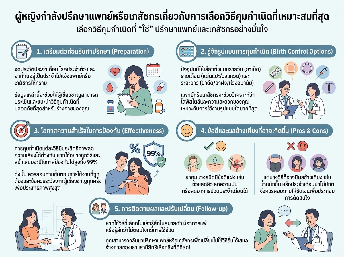 ผู้หญิงกำลังปรึกษาแพทย์หรือเภสัชกรเกี่ยวกับการเลือกวิธีคุมกำเนิดที่เหมาะสมที่สุด