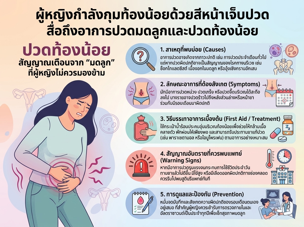 ผู้หญิงกำลังกุมท้องน้อยด้วยสีหน้าเจ็บปวด สื่อถึงอาการปวดมดลูกและปวดท้องน้อย