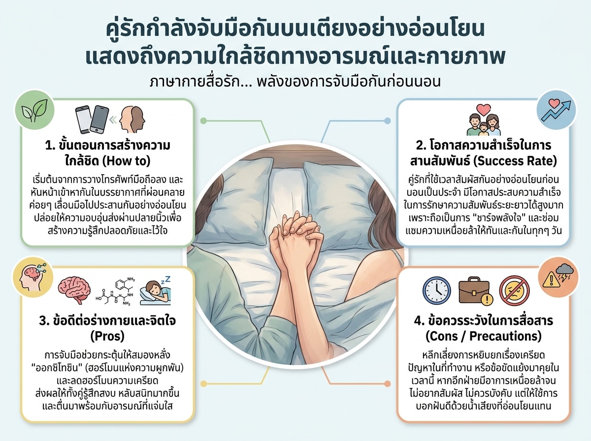 คู่รักกำลังจับมือกันบนเตียงอย่างอ่อนโยน แสดงถึงความใกล้ชิดทางอารมณ์และกายภาพ
