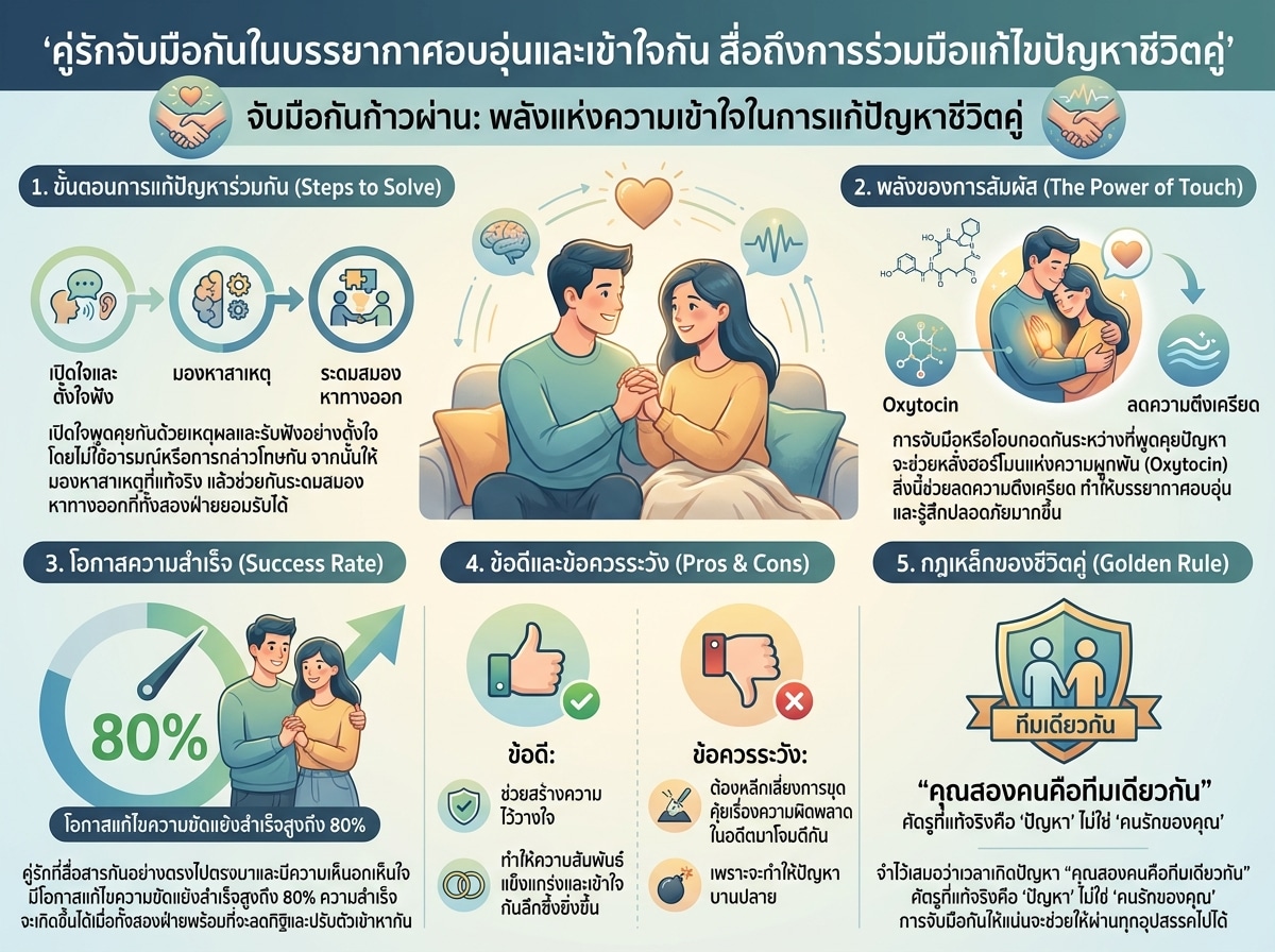 คู่รักจับมือกันในบรรยากาศอบอุ่นและเข้าใจกัน สื่อถึงการร่วมมือแก้ไขปัญหาชีวิตคู่