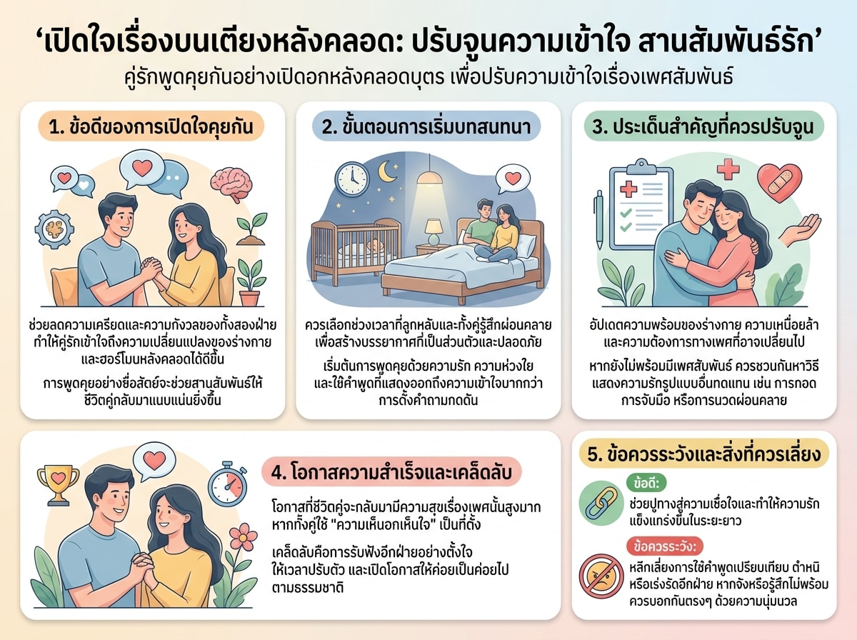 คู่รักพูดคุยกันอย่างเปิดอกหลังคลอดบุตร เพื่อปรับความเข้าใจเรื่องเพศสัมพันธ์