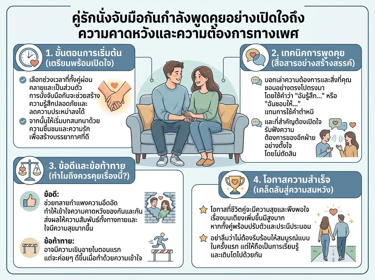 คู่รักนั่งจับมือกันกำลังพูดคุยอย่างเปิดใจถึงความคาดหวังและความต้องการทางเพศ