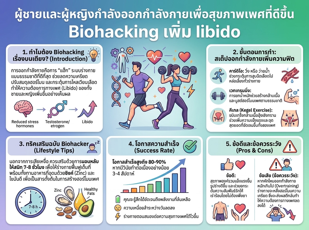 ผู้ชายและผู้หญิงกำลังออกกำลังกายเพื่อสุขภาพเพศที่ดีขึ้น Biohacking เพิ่ม libido