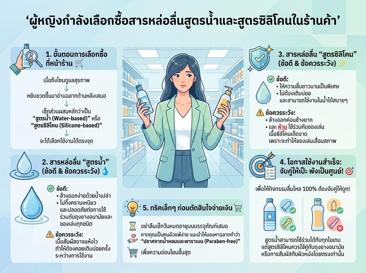 ผู้หญิงกำลังเลือกซื้อสารหล่อลื่นสูตรน้ำและสูตรซิลิโคนในร้านค้า