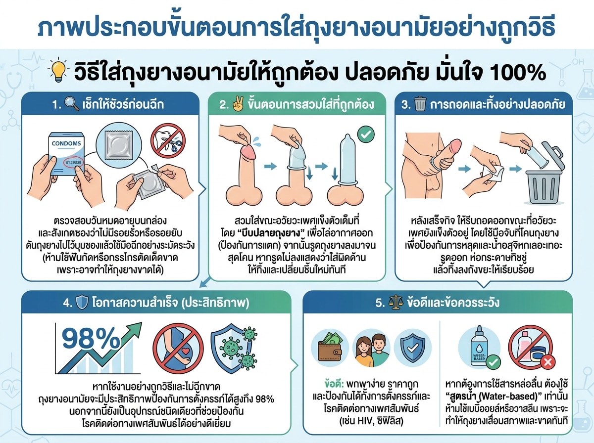 ภาพประกอบขั้นตอนการใส่ถุงยางอนามัยอย่างถูกวิธี