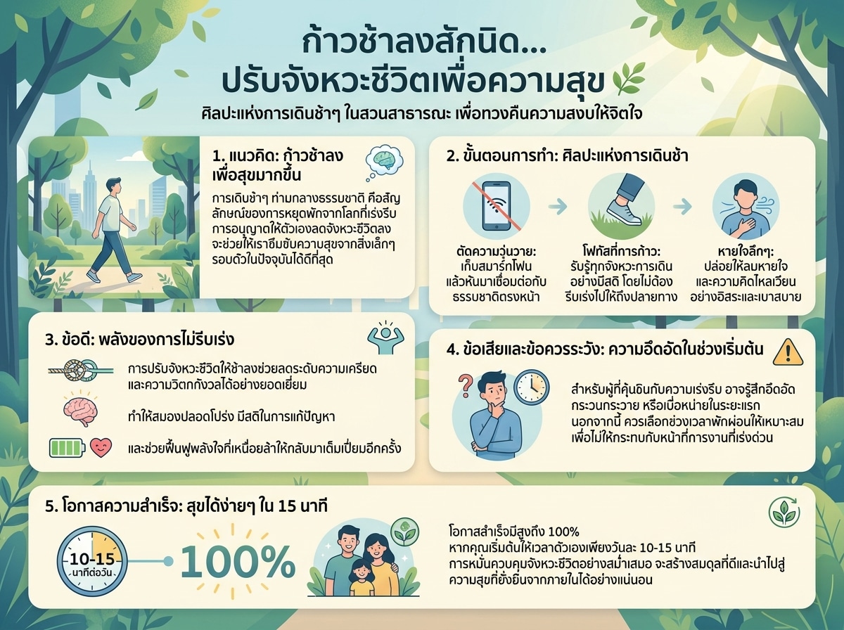 คนกำลังเดินอย่างช้าๆ ในสวนสาธารณะ แสดงถึงการควบคุมจังหวะชีวิตเพื่อความสุข