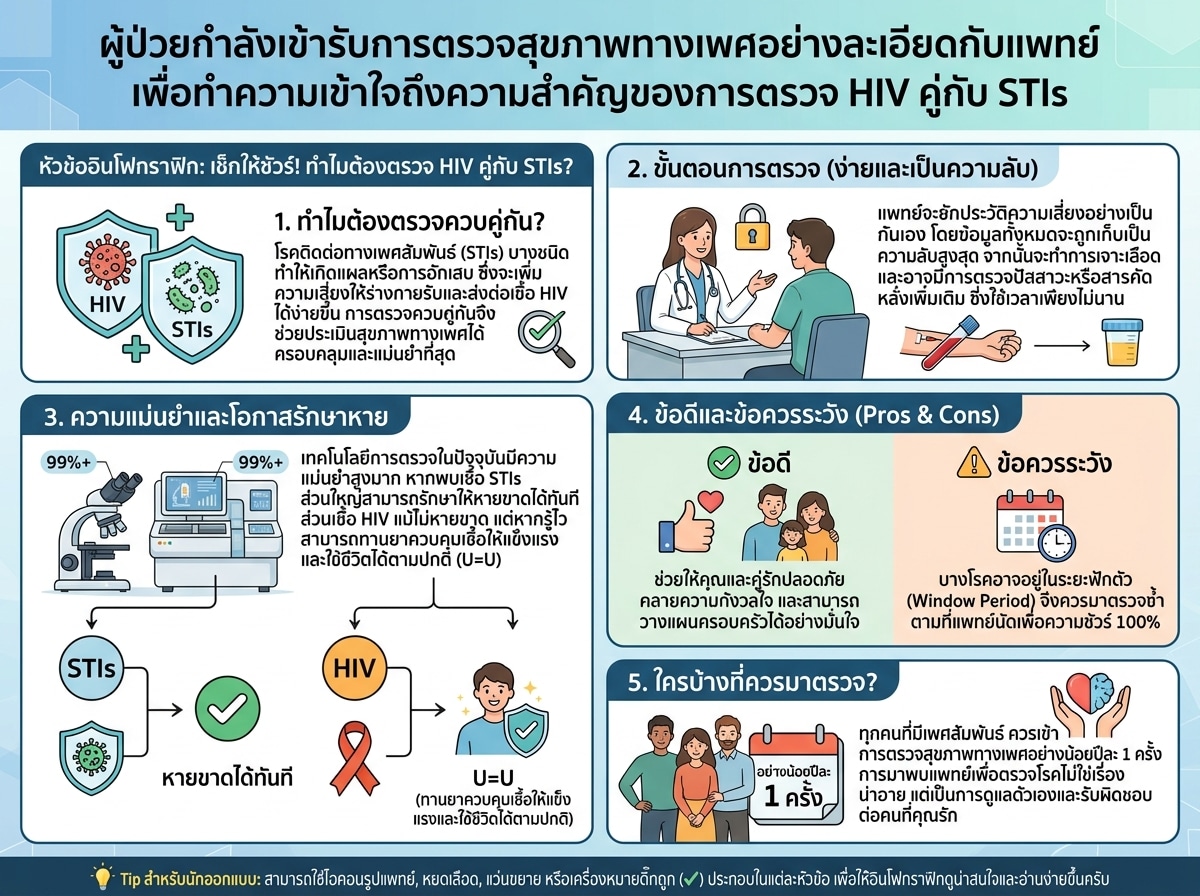 ผู้ป่วยกำลังเข้ารับการตรวจสุขภาพทางเพศอย่างละเอียดกับแพทย์ เพื่อทำความเข้าใจถึงความสำคัญของการตรวจ HIV คู่กับ STIs