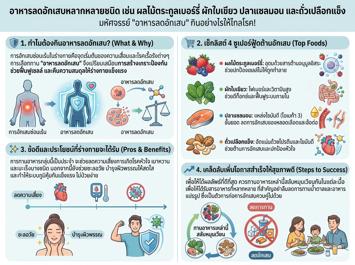 อาหารลดอักเสบหลากหลายชนิด เช่น ผลไม้ตระกูลเบอร์รี่ ผักใบเขียว ปลาแซลมอน และถั่วเปลือกแข็ง