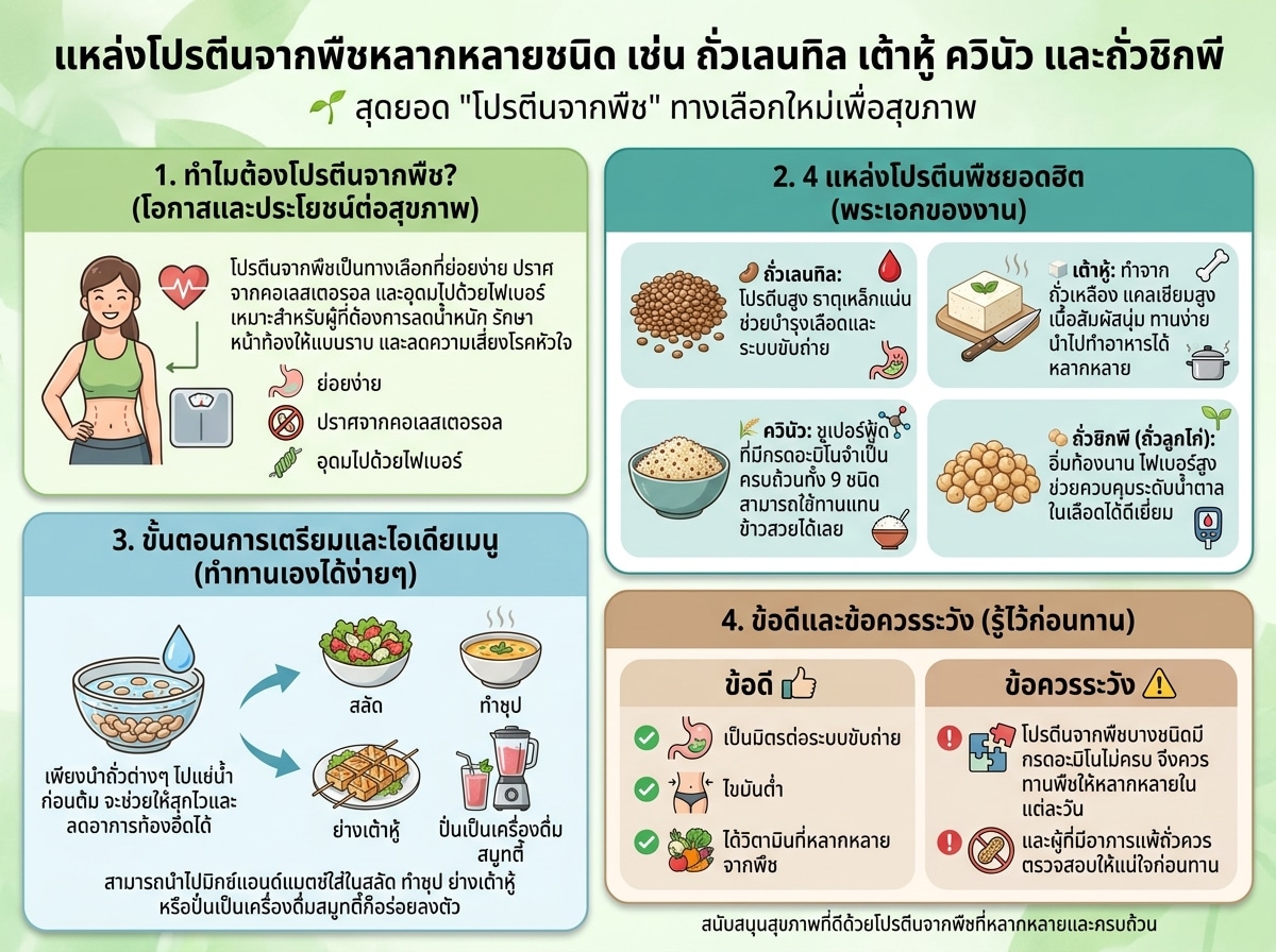 แหล่งโปรตีนจากพืชหลากหลายชนิด เช่น ถั่วเลนทิล เต้าหู้ ควินัว และถั่วชิกพี