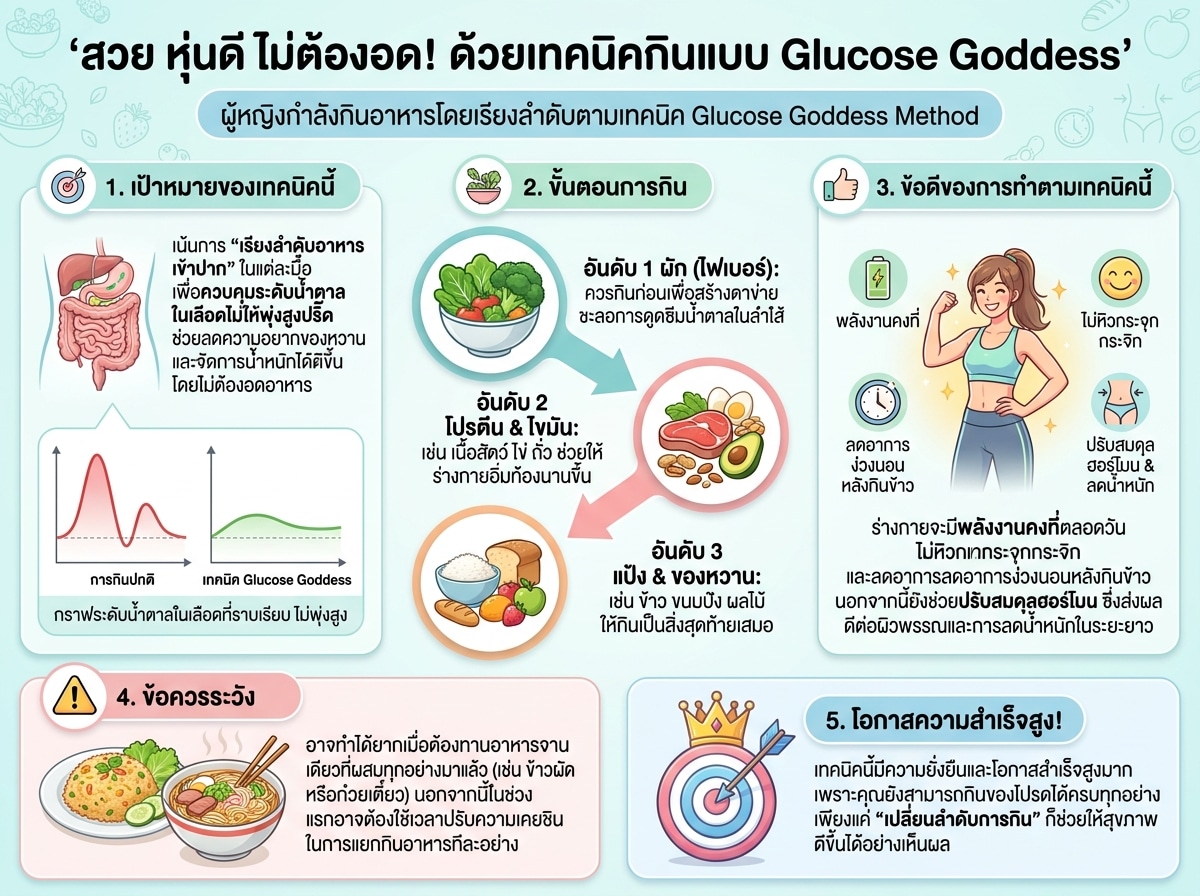 ผู้หญิงกำลังกินอาหารโดยเรียงลำดับตามเทคนิค Glucose Goddess Method