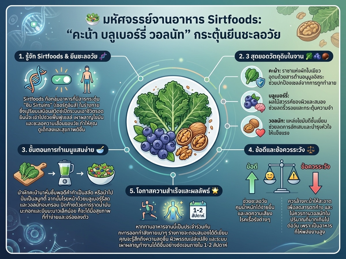 จานอาหารเพื่อสุขภาพ Sirtfoods ที่ประกอบด้วยคะน้า บลูเบอร์รี่ และวอลนัท ช่วยกระตุ้นยีน Sirtuins ชะลอวัย
