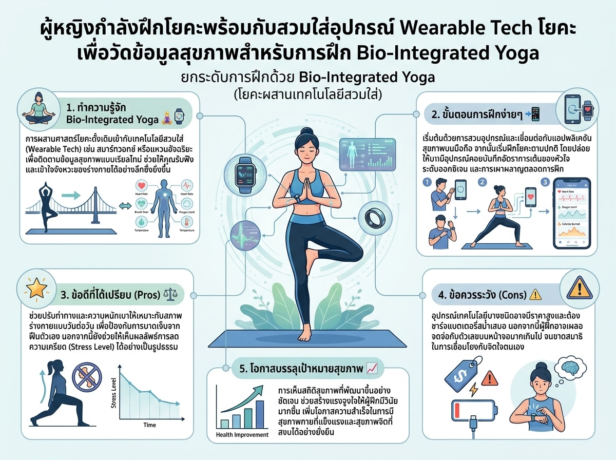 ผู้หญิงกำลังฝึกโยคะพร้อมกับสวมใส่อุปกรณ์ Wearable Tech โยคะ เพื่อวัดข้อมูลสุขภาพสำหรับการฝึก Bio-Integrated Yoga