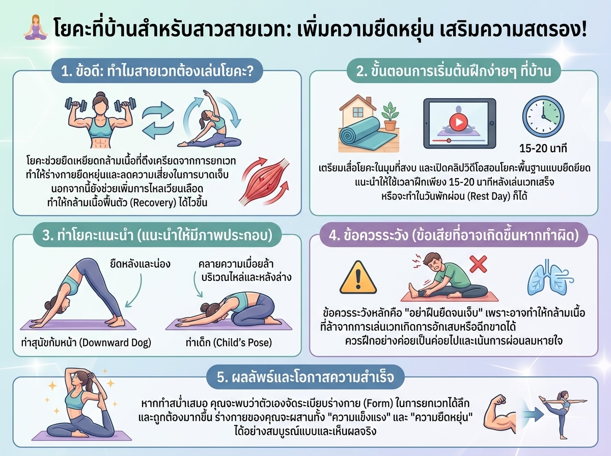 ผู้หญิงกำลังฝึกโยคะที่บ้านเพื่อเสริมการเล่นเวทและเพิ่มความยืดหยุ่น