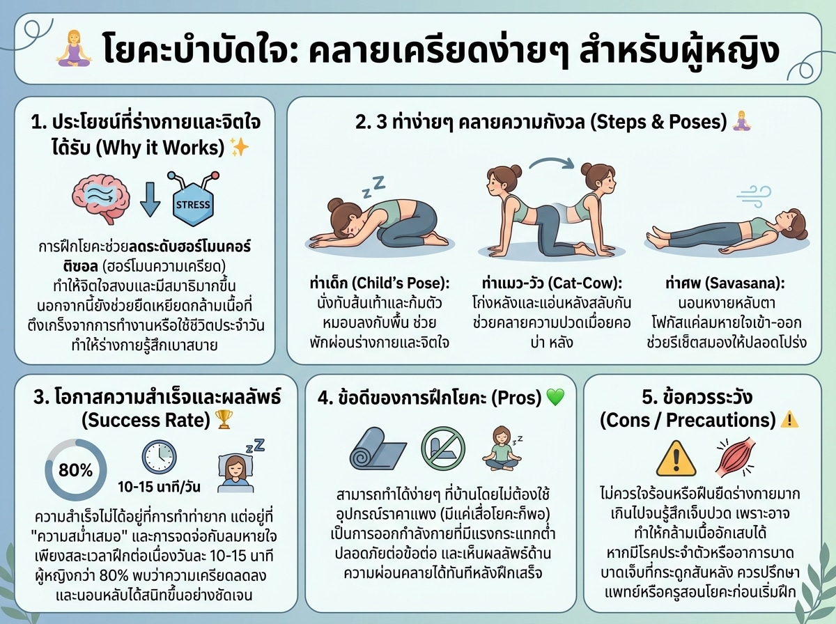 ผู้หญิงกำลังฝึกท่าโยคะเพื่อผ่อนคลายและลดความเครียด