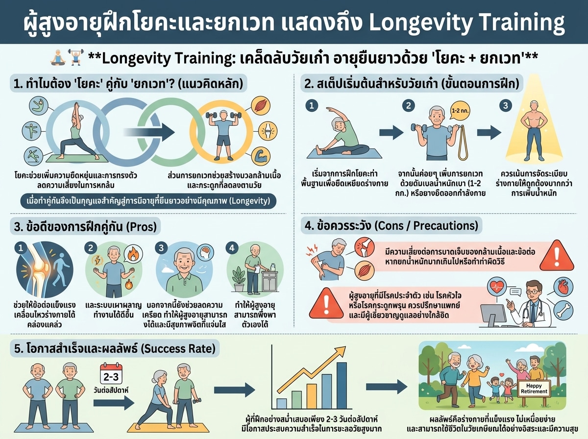 ผู้สูงอายุฝึกโยคะและยกเวท แสดงถึง Longevity Training