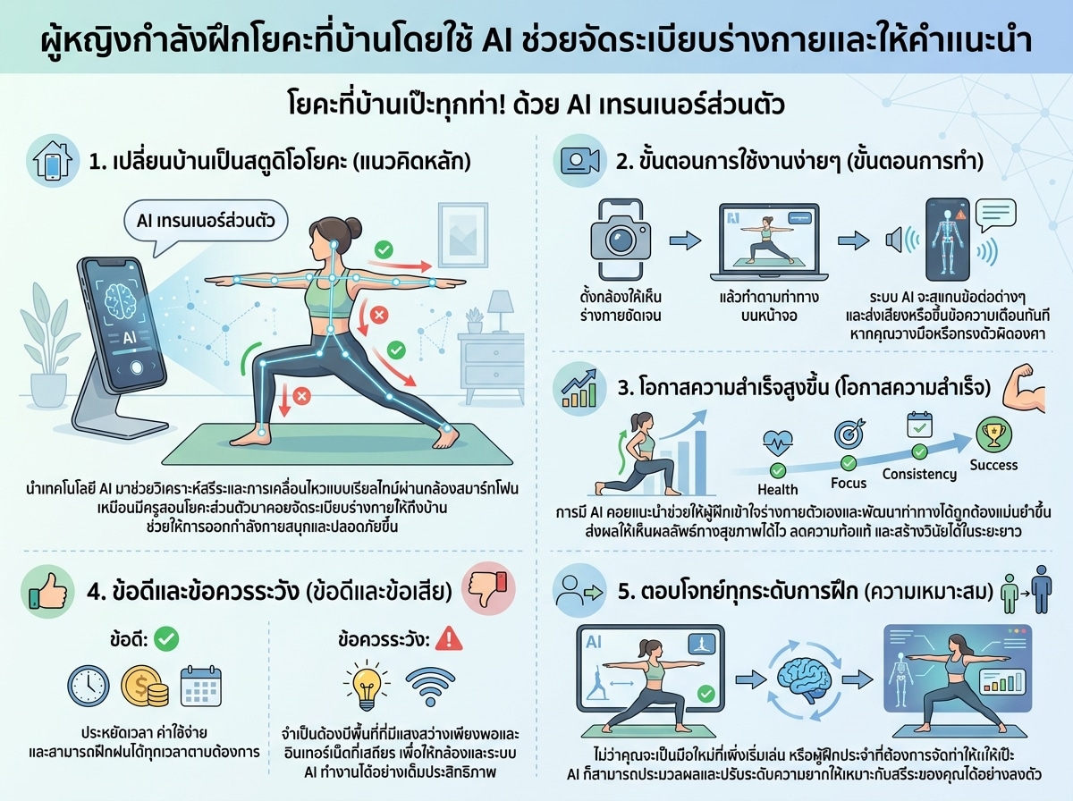 ผู้หญิงกำลังฝึกโยคะที่บ้านโดยใช้ AI ช่วยจัดระเบียบร่างกายและให้คำแนะนำ