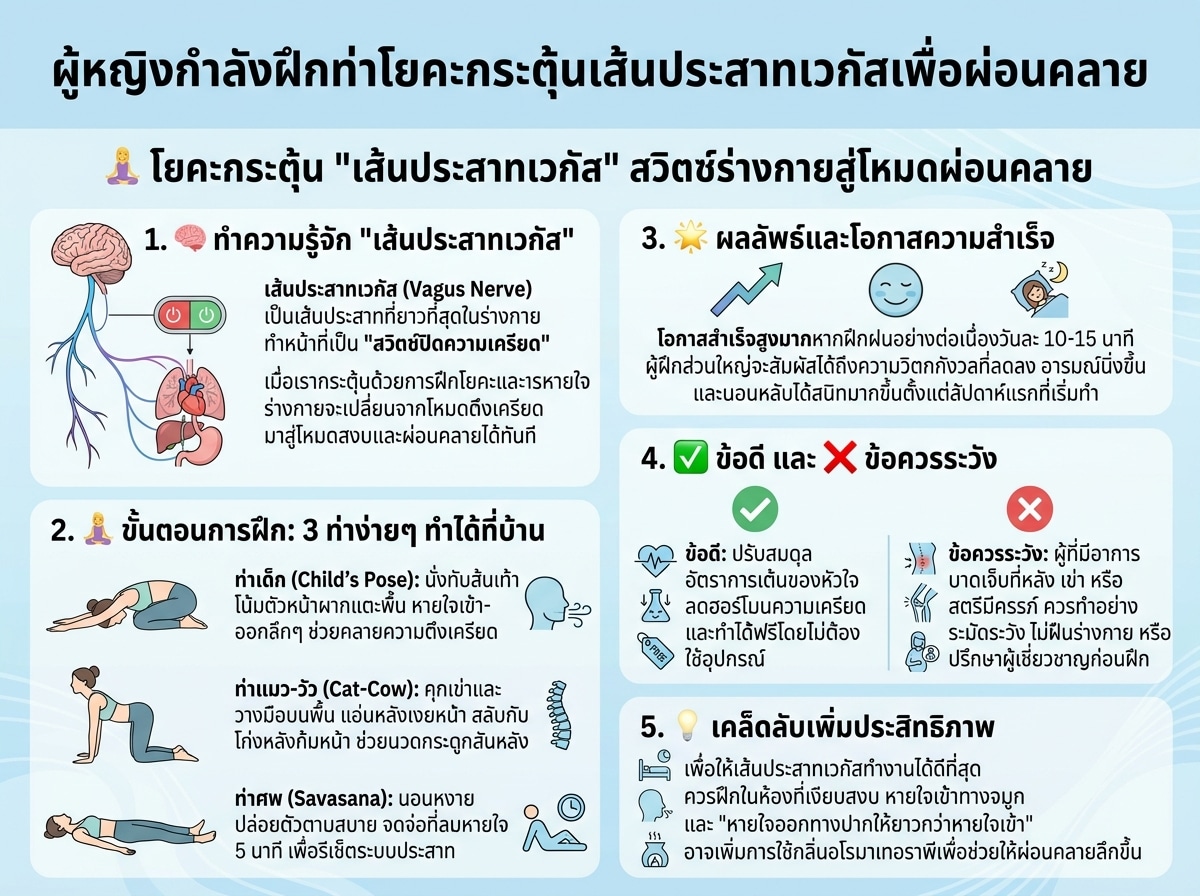 ผู้หญิงกำลังฝึกท่าโยคะกระตุ้นเส้นประสาทเวกัสเพื่อผ่อนคลาย
