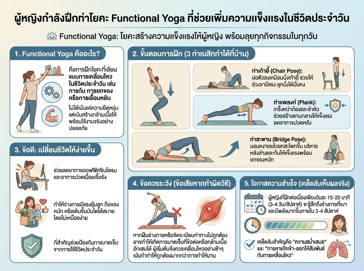 ผู้หญิงกำลังฝึกท่าโยคะ Functional Yoga ที่ช่วยเพิ่มความแข็งแรงในชีวิตประจำวัน