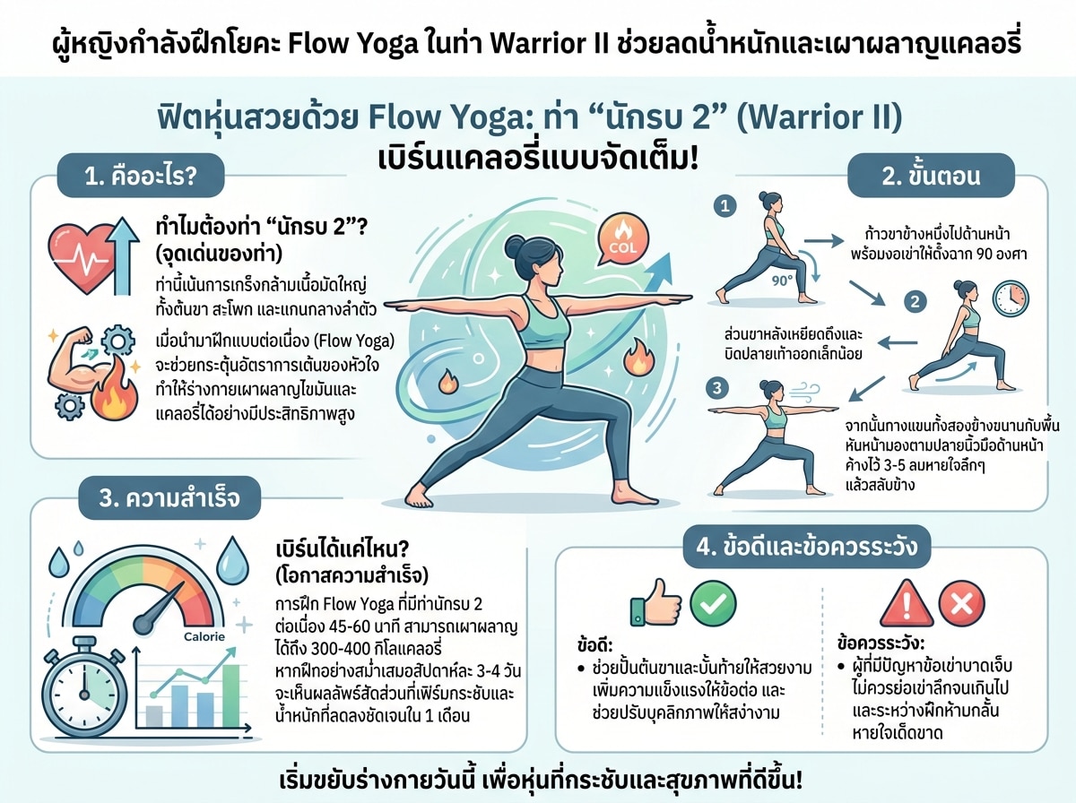ผู้หญิงกำลังฝึกโยคะ Flow Yoga ในท่า Warrior II ช่วยลดน้ำหนักและเผาผลาญแคลอรี่