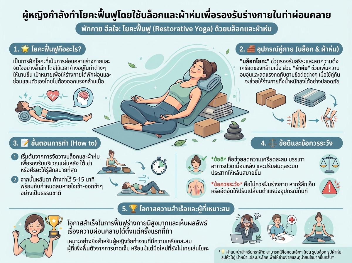 ผู้หญิงกำลังทำโยคะฟื้นฟูโดยใช้บล็อกและผ้าห่มเพื่อรองรับร่างกายในท่าผ่อนคลาย