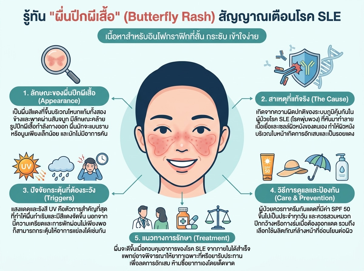 รูปภาพผื่นปีกผีเสื้อบนใบหน้าของผู้ป่วย SLE