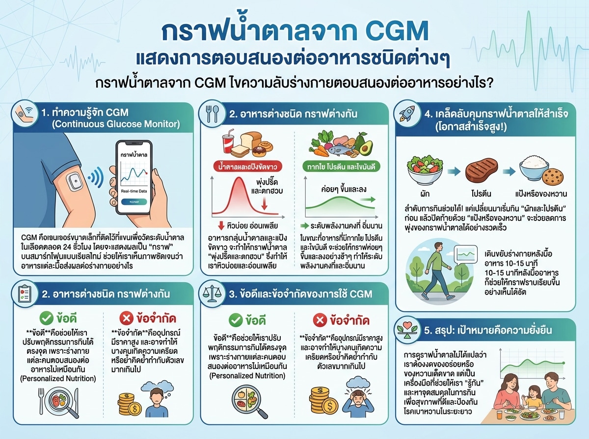 กราฟน้ำตาลจาก CGM แสดงการตอบสนองต่ออาหารชนิดต่างๆ